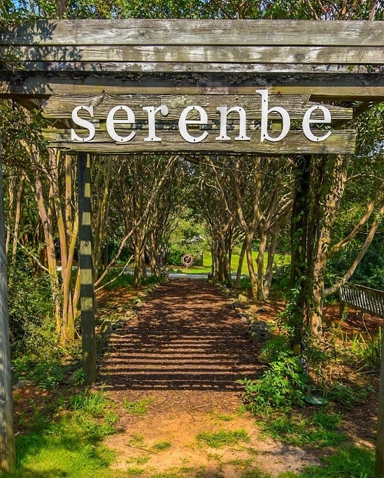 The tree-lined Serenbe archway walkway, with the community's sign overhead